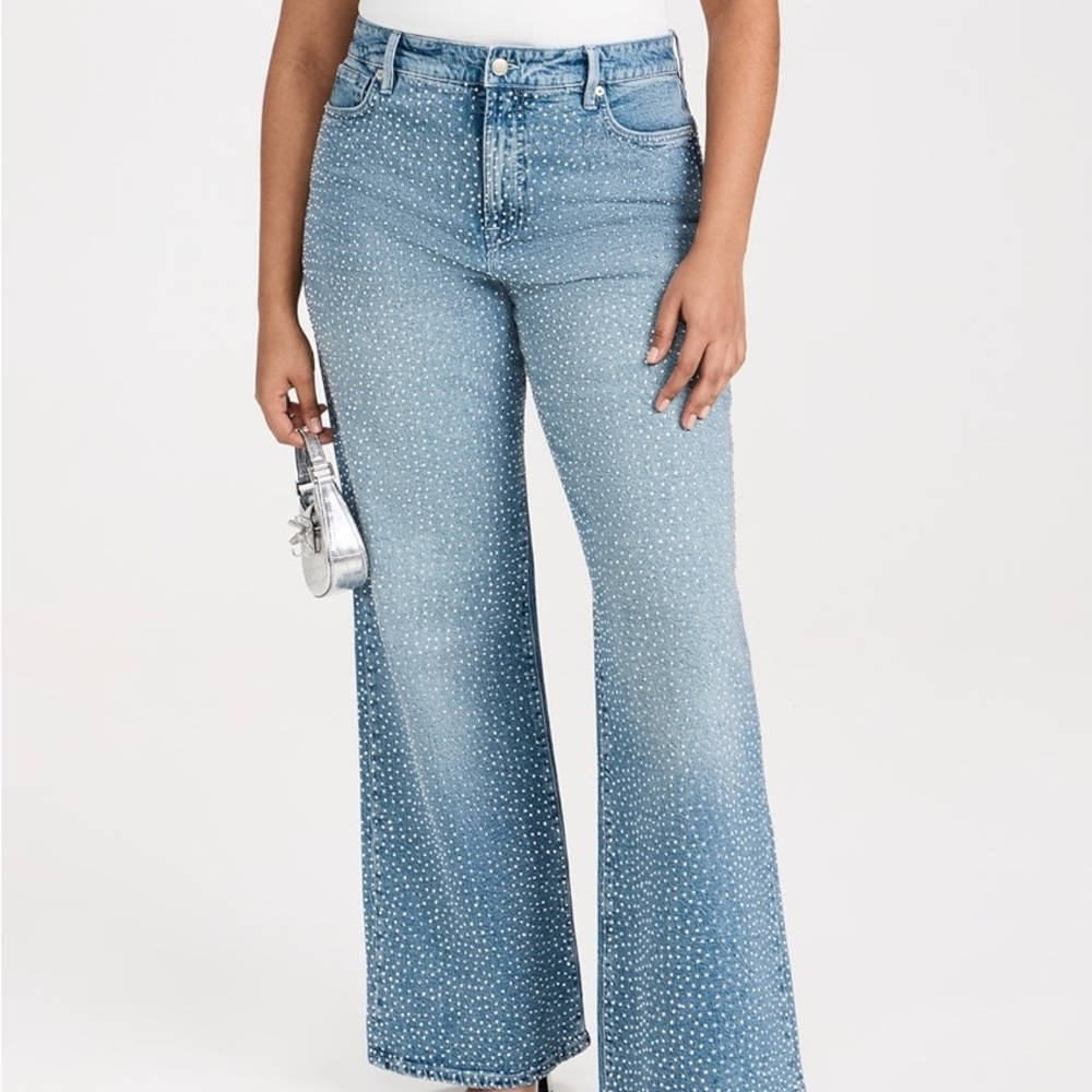 Good American Light Blue Rhinestone Wide-Leg Jeans